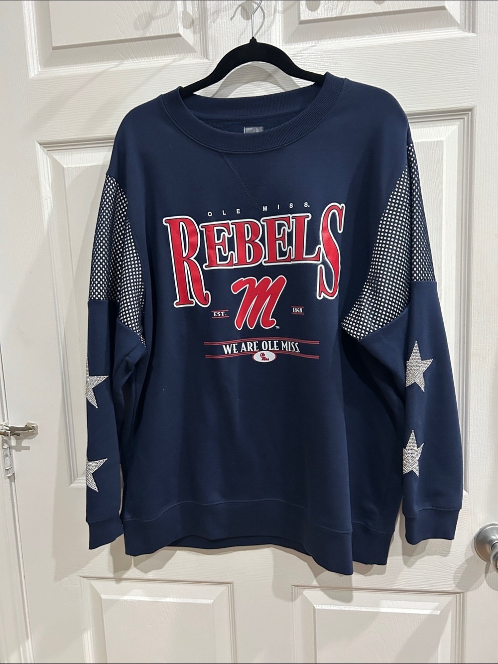 OLE MISS Navy Crewneck Sweatshirt with bling bling stars on sleeves. worn once